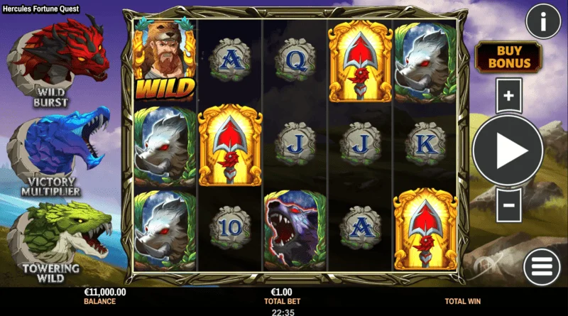 Hercules Fortune Quest - main game screen with a Wild